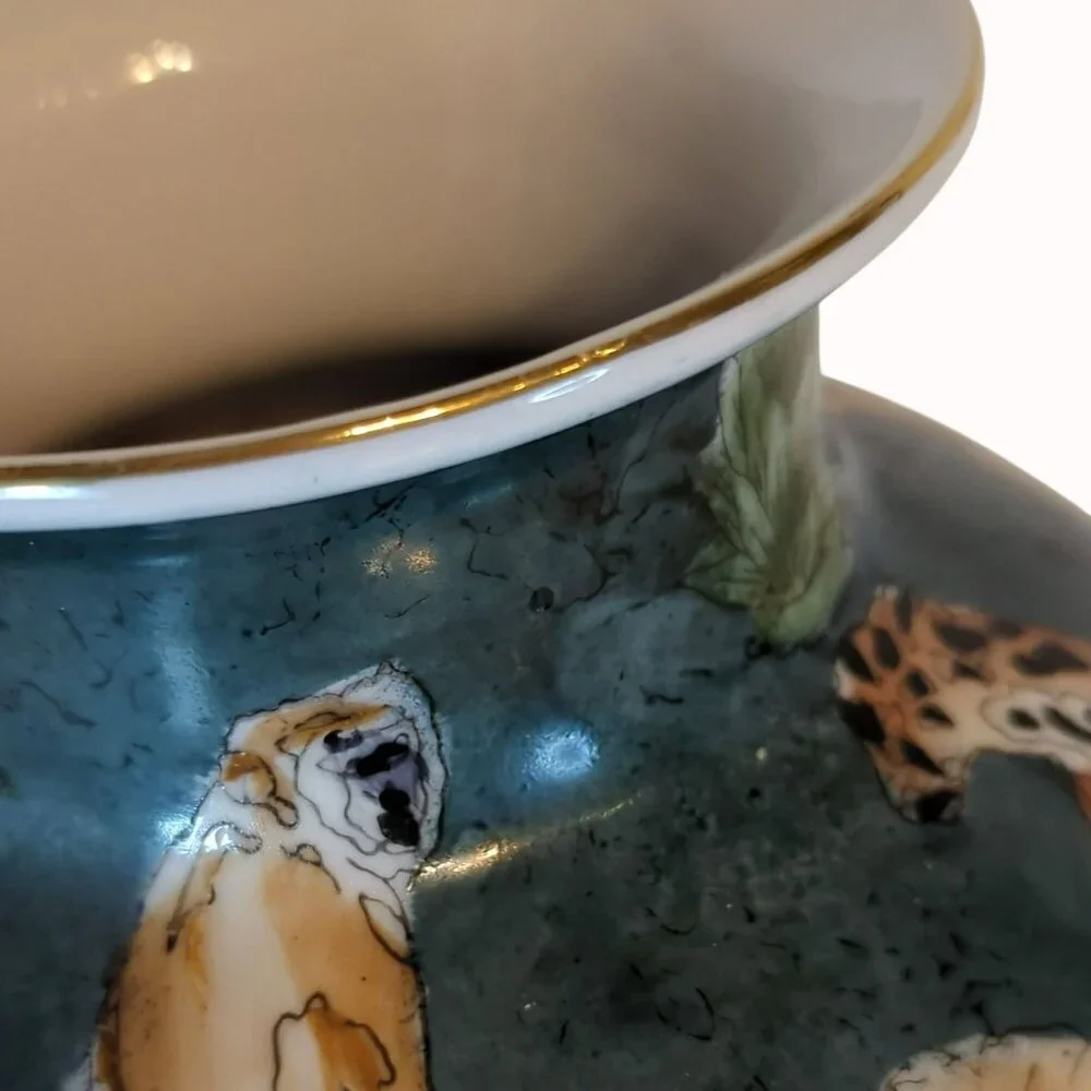 Vintage Hand-Painted Green Ceramic Vase With African Wildlife Safari Animals